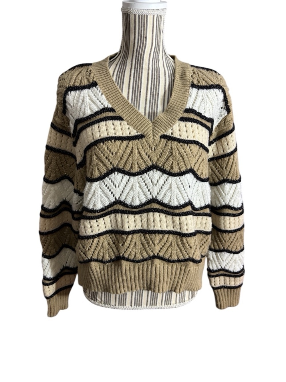 Dear John Boho Knit Sweater Large Neutral Cream Tan Black Metallic Stripe V Neck - Picture 2 of 6